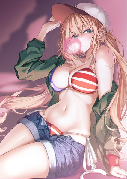 Anime picture 2480x3508 with yakitate!! japan sunrise (studio) monica adenauer bratja single long hair tall image looking at viewer blush fringe highres breasts light erotic blonde hair hair between eyes large breasts sitting twintails green eyes nail polish