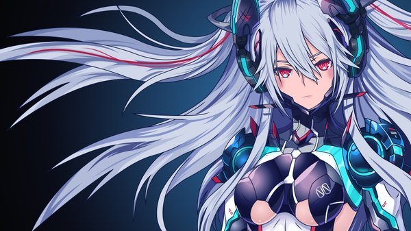 Anime picture 3840x2160 with original assassinwarrior 2d (artist) single long hair looking at viewer blush fringe highres breasts light erotic simple background hair between eyes red eyes wide image large breasts twintails absurdres silver hair floating hair