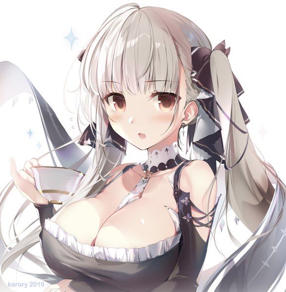Anime picture 2742x2802 with azur lane formidable (azur lane) karory single long hair tall image looking at viewer blush fringe highres breasts open mouth light erotic simple background large breasts white background twintails bare shoulders holding brown eyes