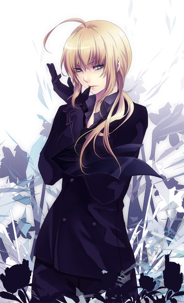 Anime-Bild 534x876 mit fate (series) fate/stay night type-moon artoria pendragon (all) saber domco single long hair tall image fringe blue eyes blonde hair standing looking away ahoge floral print open collar glove biting girl gloves