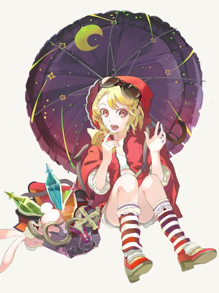 Anime picture 1200x1600 with touhou flandre scarlet 119 single tall image short hair open mouth blonde hair red eyes sitting crescent surreal girl socks food shorts sweets star (symbol) hood moon