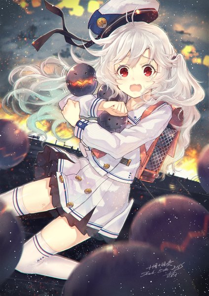 Anime picture 1619x2291 with original totsukitouka single long hair tall image looking at viewer fringe open mouth hair between eyes red eyes white hair girl thighhighs skirt white thighhighs peaked cap