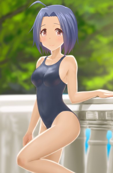 Anime picture 2202x3378 with idolmaster miura azusa taka (takahirokun) single tall image looking at viewer blush highres short hair light erotic purple hair ahoge pink eyes depth of field girl swimsuit one-piece swimsuit fence