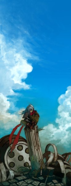 Anime picture 1000x2609 with lack single long hair tall image fringe sitting sky cloud (clouds) ponytail grey hair hair over one eye boy sword scarf armor