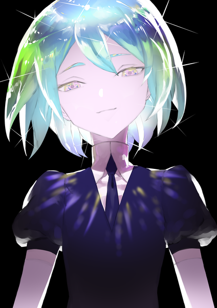 Anime picture 1157x1637 with houseki no kuni diamond (houseki no kuni) ryein single tall image looking at viewer fringe short hair simple background hair between eyes upper body aqua hair sparkle puffy sleeves black background silver eyes androgynous necktie