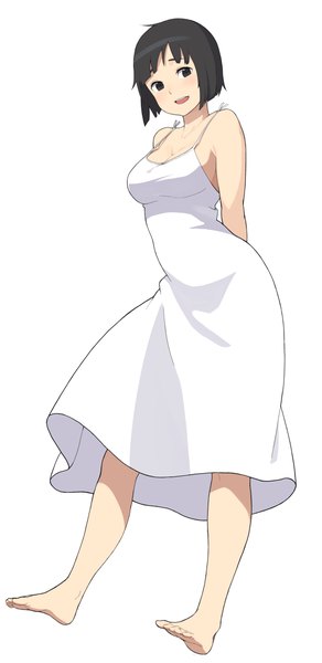 Anime picture 642x1317 with original accho (macchonburike) single tall image looking at viewer blush fringe short hair open mouth black hair simple background white background bare shoulders barefoot black eyes hands behind back girl dress sundress