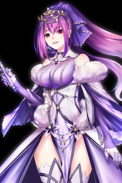 Anime picture 1000x1500 with fate (series) fate/grand order scathach (fate) (all) scathach skadi (fate) rahato single long hair tall image looking at viewer blush fringe breasts open mouth light erotic simple background hair between eyes red eyes large breasts standing bare shoulders