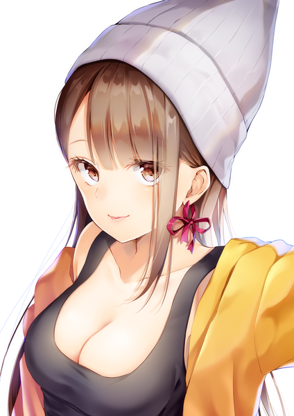 Anime picture 1447x2046 with original yoshida iyo single long hair tall image looking at viewer blush fringe breasts light erotic simple background smile brown hair large breasts white background bare shoulders brown eyes payot cleavage upper body