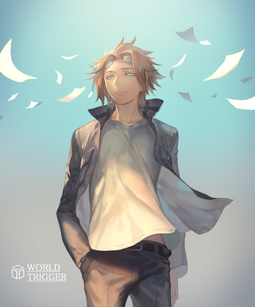 Anime picture 720x866 with world trigger toei animation jin yuuichi yamakawa single tall image short hair blue eyes brown hair standing looking away light smile wind open jacket copyright name gradient background hand in pocket popped collar glasses on head boy