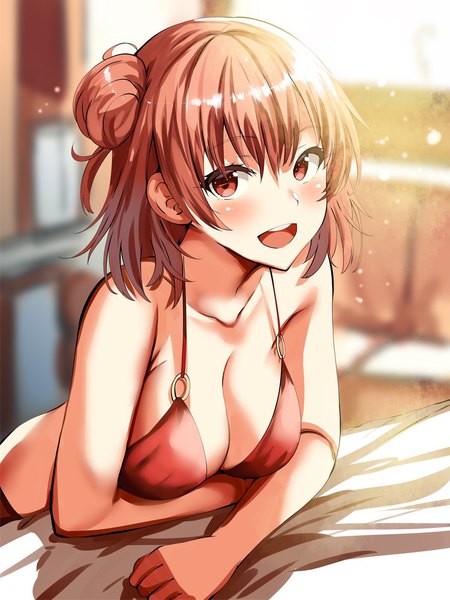 Anime picture 750x1000 with yahari ore no seishun love comedy wa machigatteiru. brains base (studio) yuigahama yui belko single long hair tall image looking at viewer blush fringe breasts open mouth light erotic smile hair between eyes red eyes large breasts bare shoulders payot cleavage