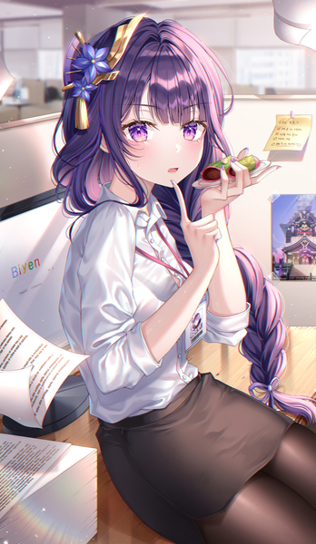 Anime picture 3136x5408 with genshin impact raiden shogun lisa 78 single long hair tall image looking at viewer blush fringe highres open mouth sitting purple eyes holding payot absurdres purple hair indoors blunt bangs braid (braids)