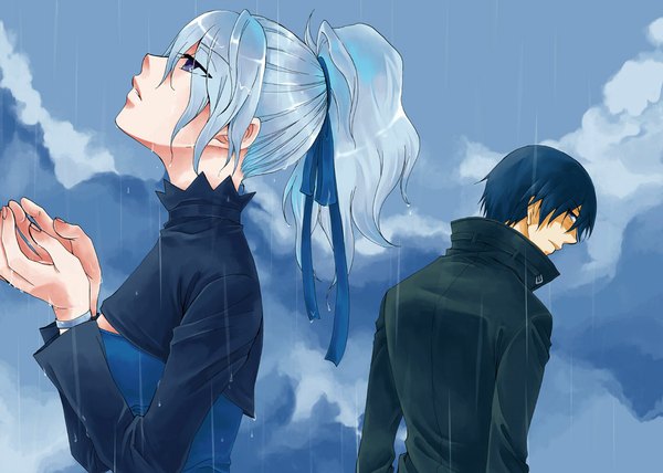 Anime picture 1060x757 with darker than black studio bones yin (darker than black) hei (darker than black) moja long hair short hair blue eyes blue hair silver hair cloud (clouds) ponytail profile looking back back looking up rain girl boy ribbon (ribbons)