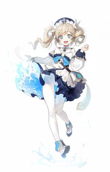 Anime picture 1500x2341 with genshin impact barbara (genshin impact) soyoong jun single long hair tall image looking at viewer open mouth blue eyes light erotic simple background blonde hair white background twintails full body :d liquid clothes girl dress hat
