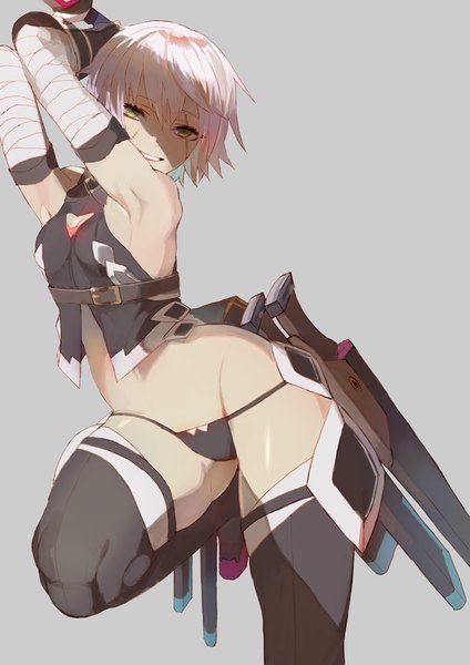 Anime picture 675x955 with fate (series) fate/apocrypha jack the ripper (fate/apocrypha) kibadori rue single tall image looking at viewer short hair light erotic simple background smile green eyes bent knee (knees) white hair grey background armpit (armpits) groin scar shaded face girl