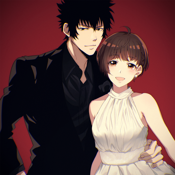 Anime picture 800x800 with psycho-pass production i.g kougami shin'ya tsunemori akane sasakura34 looking at viewer blush short hair open mouth black hair simple background brown hair brown eyes black eyes couple hug turning head red background girl dress