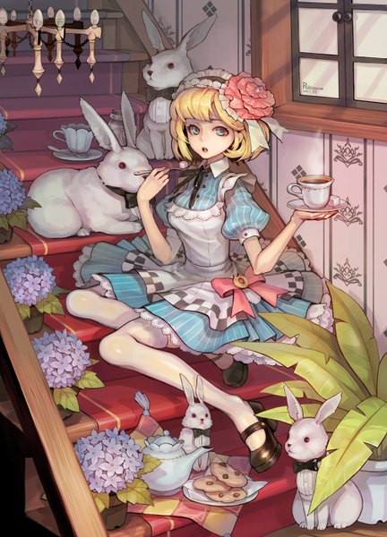 Anime picture 1008x1400 with alice in wonderland alice (wonderland) racoona tall image looking at viewer fringe short hair open mouth blue eyes blonde hair sitting holding short sleeves puffy sleeves checkered girl thighhighs dress hair ornament flower (flowers)