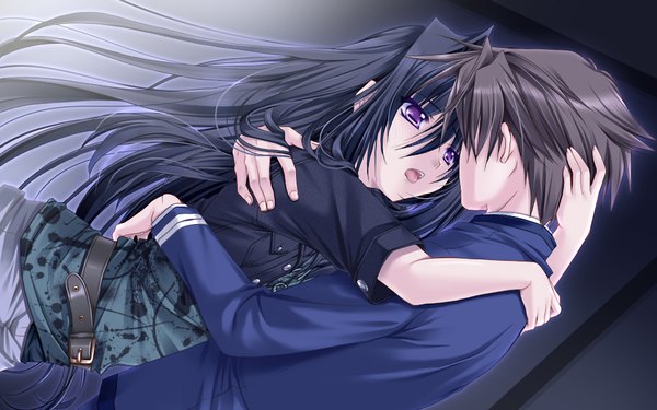 Anime picture 1024x640 with hatsukoi yohou (game) long hair short hair open mouth black hair wide image game cg pink eyes couple girl boy