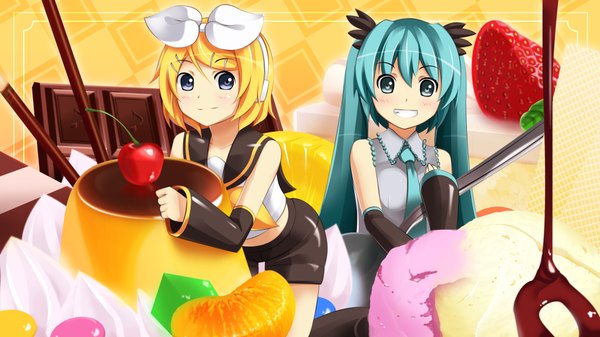 Anime picture 1920x1080 with vocaloid hatsune miku kagamine rin yakitori-oni long hair looking at viewer highres short hair blue eyes blonde hair smile wide image twintails multiple girls aqua eyes aqua hair girl hair ornament 2 girls detached sleeves