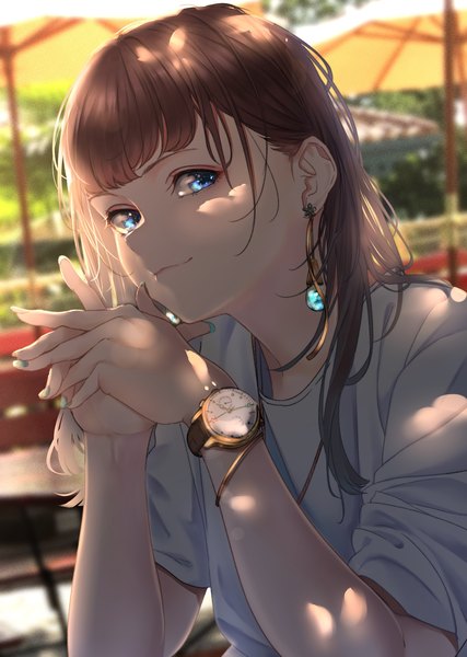 Anime picture 1668x2344 with original saitou (lynx-shrike) single long hair tall image looking at viewer blush fringe blue eyes brown hair upper body outdoors blunt bangs nail polish fingernails short sleeves depth of field shaded face hands clasped girl