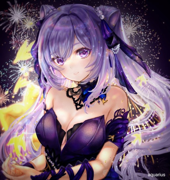 Anime picture 2323x2469 with genshin impact keqing (genshin impact) keqing (opulent splendor) (genshin impact) aquariu27889147 single long hair tall image looking at viewer blush fringe highres breasts smile hair between eyes large breasts purple eyes twintails bare shoulders signed payot