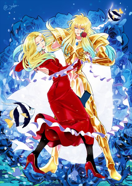 Anime picture 567x800 with saint seiya toei animation pisces aphrodite deroa tephi jobo (isi88) long hair tall image blonde hair signed eyes closed high heels twitter username gradient hair arched back dual persona dancing flower in mouth dress boy flower (flowers)