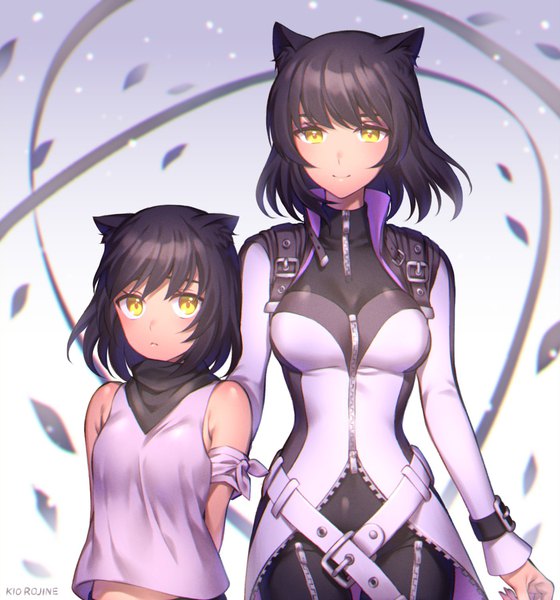 Anime picture 1400x1500 with rwby rooster teeth blake belladonna kio rojine tall image looking at viewer short hair breasts black hair multiple girls animal ears yellow eyes long sleeves light smile cat ears dual persona time paradox girl 2 girls belt