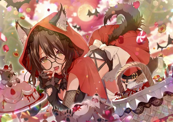 Anime picture 2048x1448 with little red riding hood virtual youtuber light up little red riding hood (character) yuzuki uru peach punch single looking at viewer blush fringe highres short hair breasts open mouth hair between eyes brown hair brown eyes animal ears cleavage tail