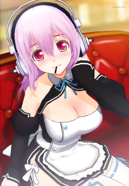 Anime picture 4822x6965 with dream c club nitroplus super sonico tsuji santa single long hair tall image blush highres light erotic smile red eyes bare shoulders pink hair absurdres maid cosplay girl detached sleeves sweets