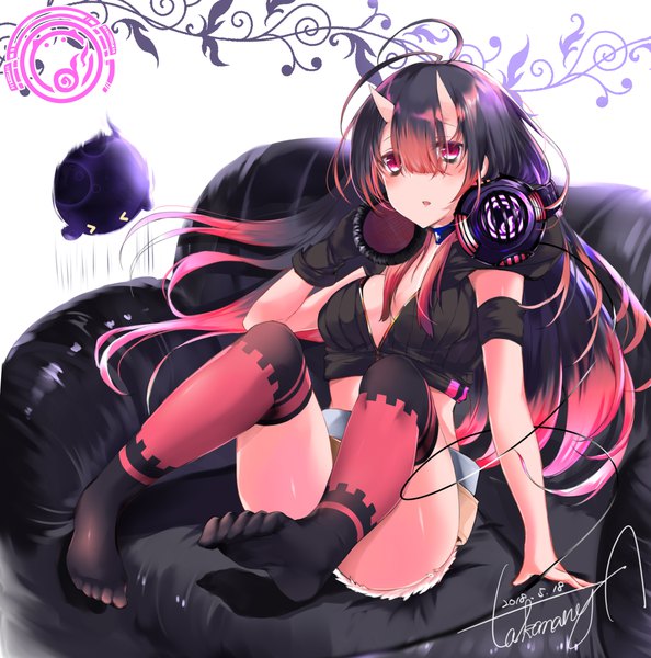 Anime picture 2300x2324 with virtual youtuber leglus single long hair tall image looking at viewer blush highres breasts open mouth light erotic black hair sitting payot pink hair cleavage full body eyes closed multicolored hair horn (horns)