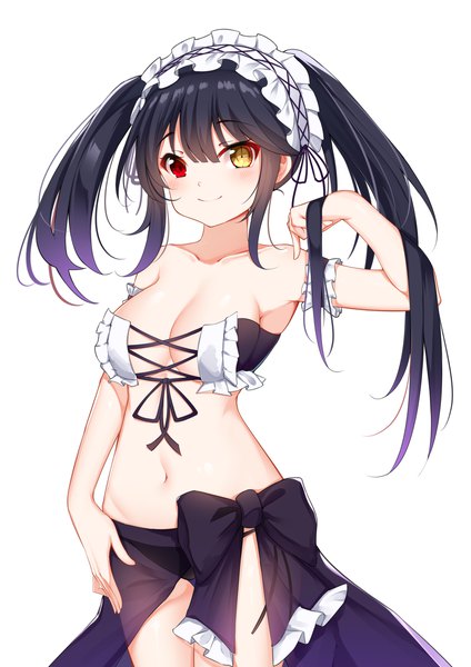 Anime picture 2067x2923 with date a live tokisaki kurumi tming single long hair tall image looking at viewer blush fringe highres breasts light erotic black hair simple background smile hair between eyes red eyes large breasts standing white background