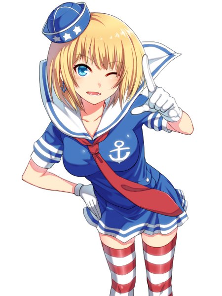 Anime picture 960x1280 with original ginichi (toot08) single tall image blush short hair open mouth blue eyes simple background blonde hair white background one eye closed wink girl thighhighs gloves necktie striped thighhighs sailor suit