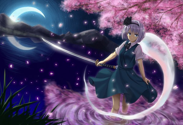 Anime picture 1100x757 with touhou konpaku youmu kuimono (artist) short hair blue eyes silver hair night cherry blossoms ghost crescent girl dress skirt weapon plant (plants) petals sword tree (trees) hairband katana