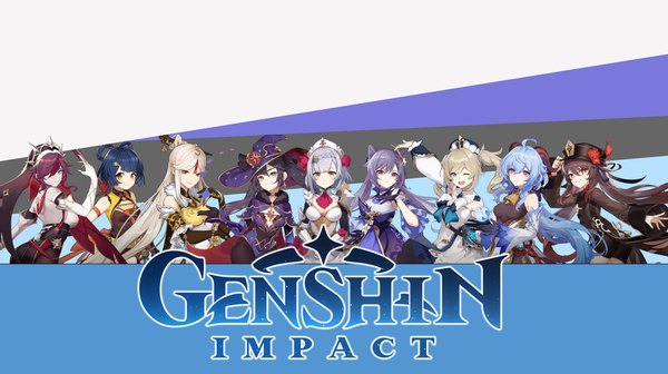 Anime picture 6720x3761 with genshin impact ganyu (genshin impact) hu tao (genshin impact) keqing (genshin impact) mona megistus barbara (genshin impact) ningguang (genshin impact) rosaria (genshin impact) noelle (genshin impact) xiangling (genshin impact) long hair looking at viewer fringe highres short hair open mouth black hair blonde hair smile hair between eyes