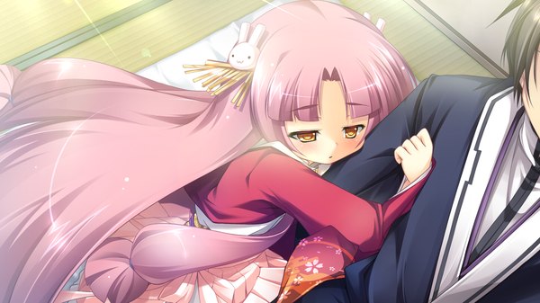 Anime picture 1280x720 with appare! tenka gomen katagiri hinata long hair wide image yellow eyes pink hair game cg japanese clothes loli
