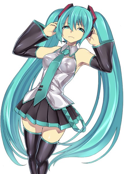 Anime picture 768x1075 with vocaloid hatsune miku hakaba (dairiseki) single tall image looking at viewer breasts simple background white background green eyes very long hair pleated skirt green hair hand on headphones girl thighhighs skirt black thighhighs detached sleeves headphones