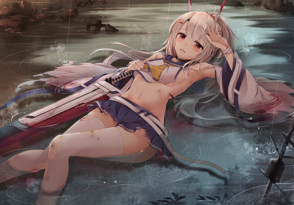 Anime-Bild 1720x1200 mit azur lane ayanami (azur lane) toyosaki shu single long hair looking at viewer blush highres breasts open mouth light erotic blonde hair red eyes bare shoulders holding outdoors ponytail lying long sleeves parted lips