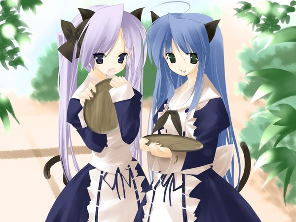 Anime picture 1600x1200 with lucky star kyoto animation izumi konata hiiragi kagami animal ears maid cat girl waitress girl