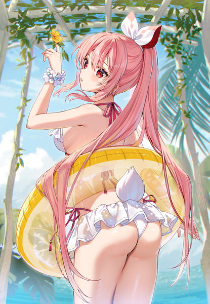 Anime picture 1920x2776 with virtual youtuber atelier live pinku (vtuber) rosuuri single long hair tall image blush fringe highres breasts light erotic hair between eyes red eyes standing signed payot pink hair sky cloud (clouds)