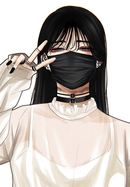 Anime picture 1000x1443 with original hoshi san 3 single long hair tall image looking at viewer fringe black hair simple background hair between eyes white background green eyes upper body long sleeves nail polish fingernails mole mole under eye piercing sleeves past wrists