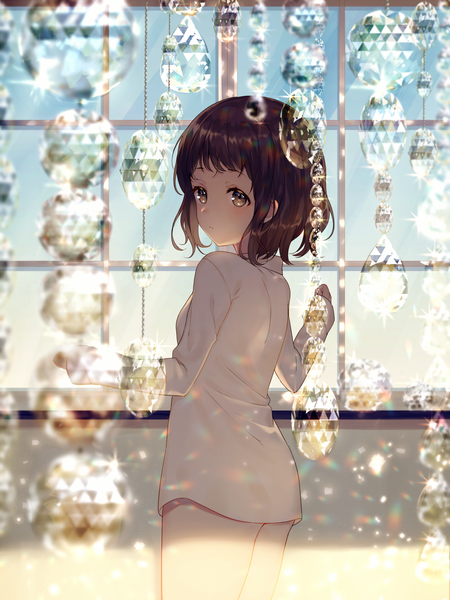 Anime picture 900x1200 with original achiki single tall image looking at viewer blush fringe short hair breasts light erotic brown hair standing brown eyes long sleeves looking back blurry depth of field bottomless girl shirt