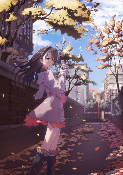 Anime picture 885x1254 with original kagawa yuusaku single long hair tall image blush fringe smile standing holding brown eyes signed looking away sky cloud (clouds) outdoors braid (braids) looking back wind outstretched arm