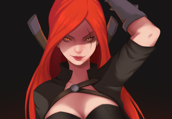 Anime picture 1419x983 with league of legends katarina (league of legends) nayuta1056 single long hair looking at viewer breasts simple background smile red eyes cleavage upper body red hair arm up lips lipstick black background scar red lipstick makeup