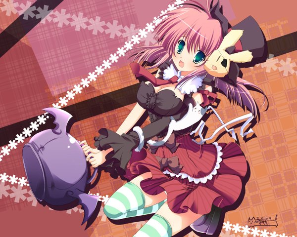 Anime picture 1280x1024 with original hinata momo blush short hair open mouth green eyes signed pink hair cleavage pantyshot wallpaper jpeg artifacts girl thighhighs hat animal necktie cat eyepatch striped thighhighs