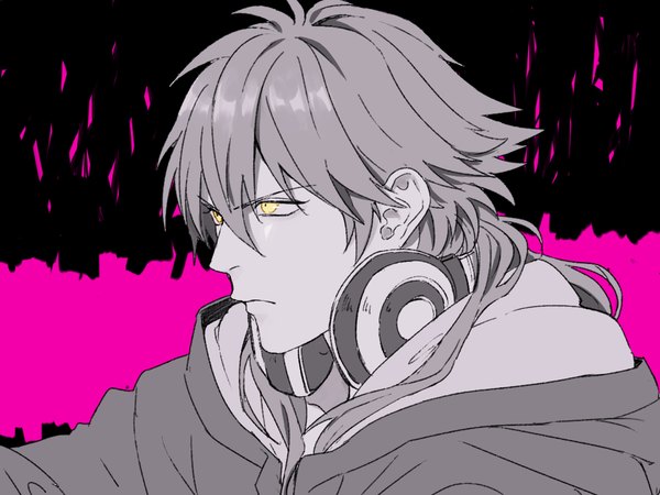 Anime picture 1024x768 with dramatical murder nitro+chiral aoba (dmmd) kuwa ayase single long hair fringe hair between eyes yellow eyes looking away upper body monochrome headphones around neck partially colored boy headphones