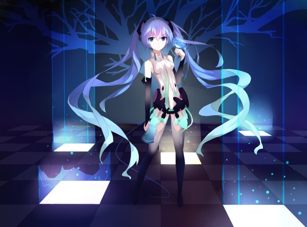 Anime picture 5400x4000 with vocaloid vocaloid append hatsune miku (append) .l.l single looking at viewer highres blue eyes twintails absurdres very long hair aqua hair checkered floor girl thighhighs hair ornament black thighhighs detached sleeves necktie