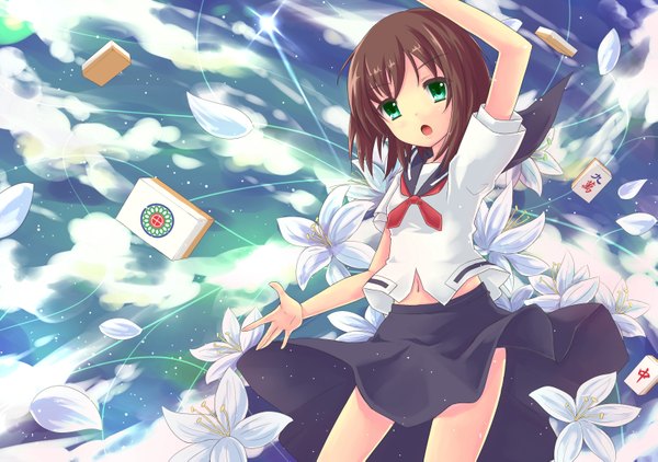 Anime picture 3214x2262 with saki onjouji toki tenhi tsukitori single highres short hair open mouth brown hair green eyes absurdres mahjong girl skirt flower (flowers) petals serafuku