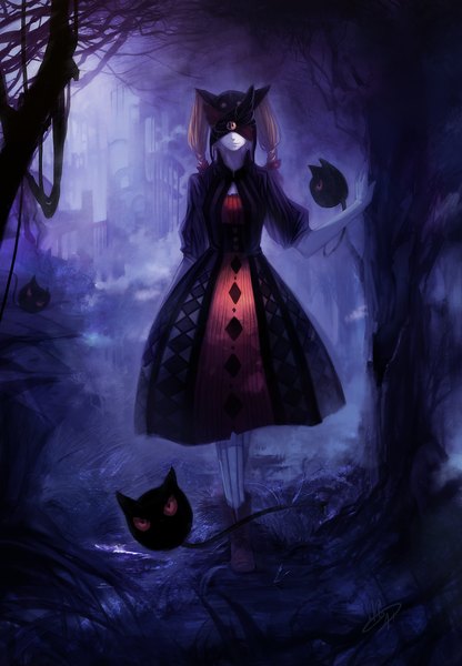 Anime picture 1420x2047 with sound horizon buranko (marchen) urami (artist) long hair tall image blonde hair twintails lips dark background girl dress plant (plants) tree (trees) cat grass mask forest