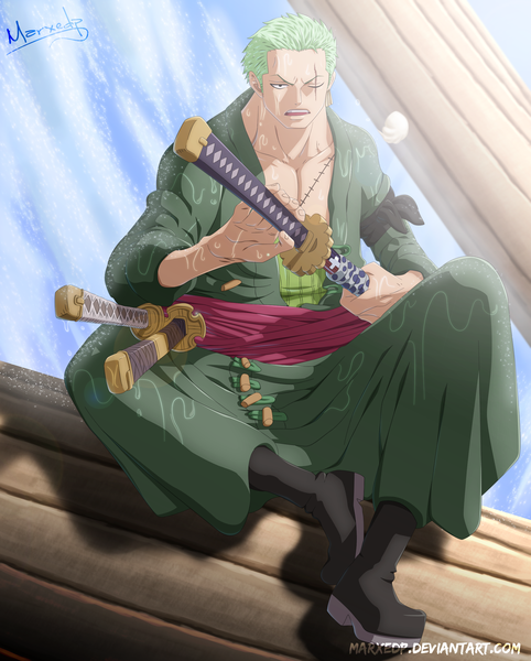 Anime picture 2000x2489 with one piece toei animation roronoa zoro marxedp single tall image highres short hair open mouth japanese clothes one eye closed green hair wink black eyes wet coloring scar boy weapon sword