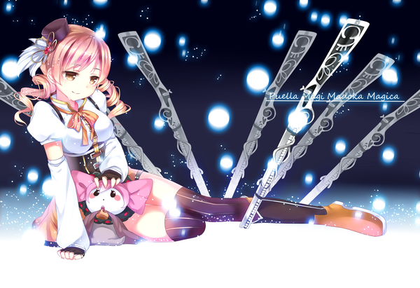 Anime picture 3500x2399 with mahou shoujo madoka magica shaft (studio) tomoe mami charlotte (madoka magica) gendo0032 long hair highres blonde hair sitting twintails yellow eyes absurdres light smile drill hair light magical girl underbust girl thighhighs skirt