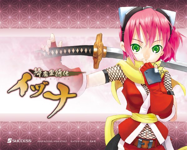 Anime picture 1280x1024 with gouma reifuden izuna izuna (gouma reifuden izuna) yoshida on single looking at viewer fringe short hair hair between eyes green eyes pink hair official art copyright name covered mouth fishnet asa no ha (pattern) girl gloves weapon sword fingerless gloves